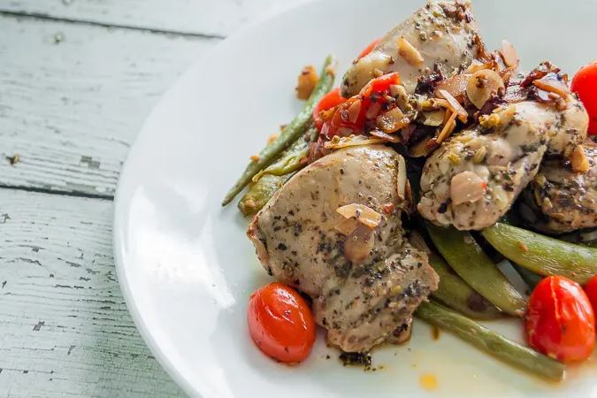 Chicken with Green Beans and a Sugar Snap Pea Amandine