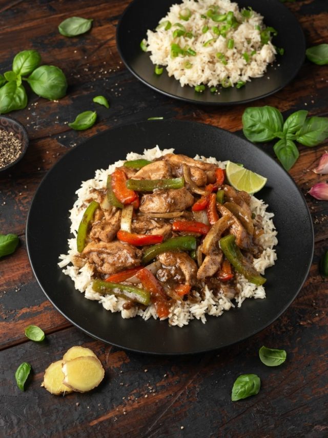 chicken stir-fry with vegetables and rice