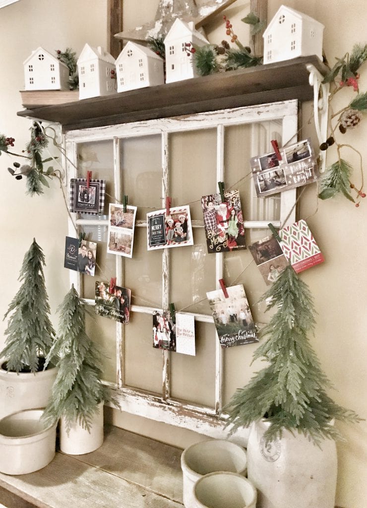 farmhouse style Christmas card display with vintage ladder, repurposed window frame, or a DIY yarn cardholder