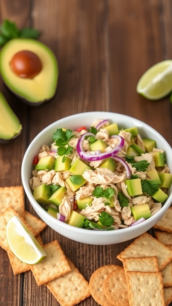 A bowl of avocado chicken salad with lime wedges and crackers on a wooden surface