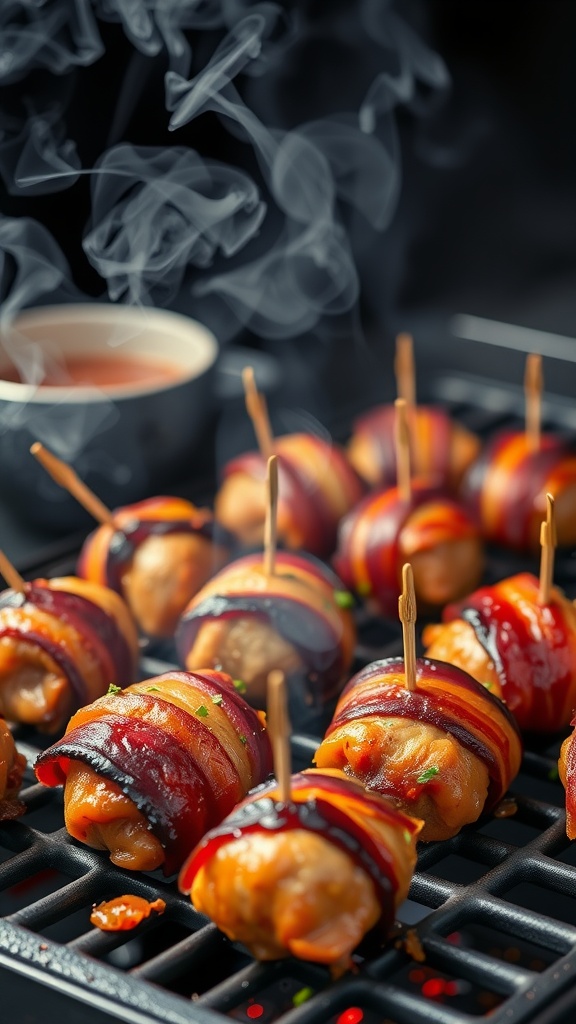 Delicious bacon-wrapped BBQ chicken meatballs on a grill, garnished with parsley.