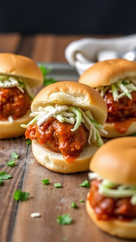 BBQ Chicken Meatball Sliders served on a wooden table