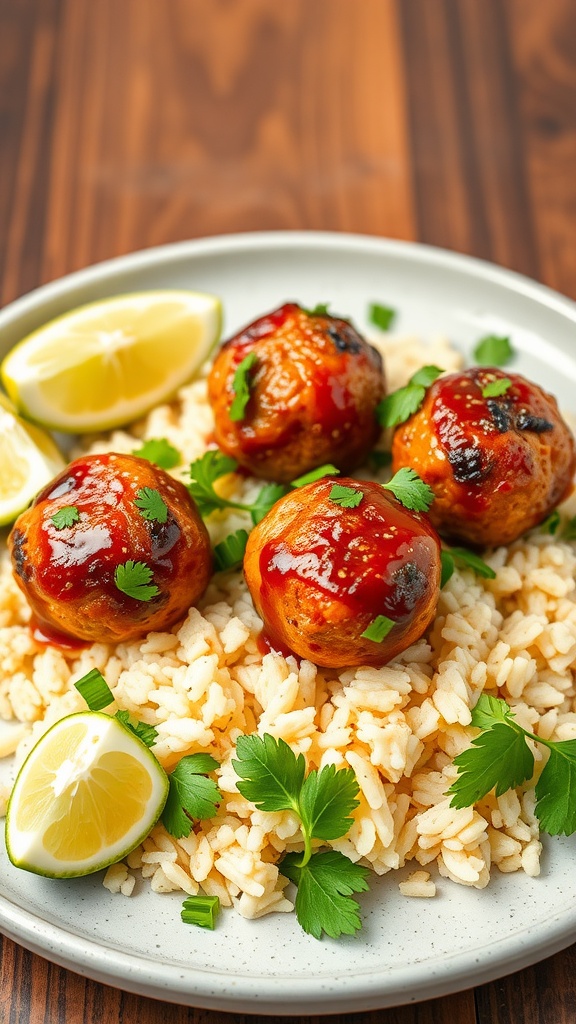 BBQ chicken meatballs served with cilantro lime rice and lime wedges on a plate.