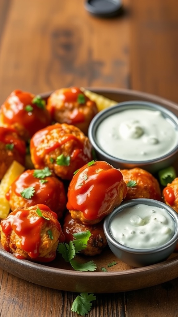 Buffalo BBQ Chicken Meatballs served with dipping sauces on a wooden table