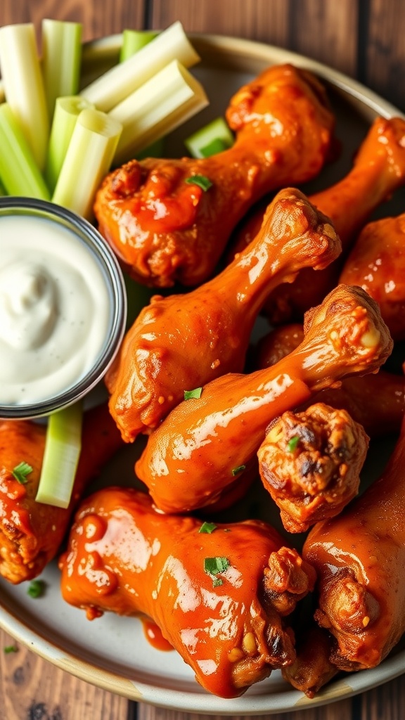 Buffalo style chicken drumsticks with blue cheese dip and celery sticks.