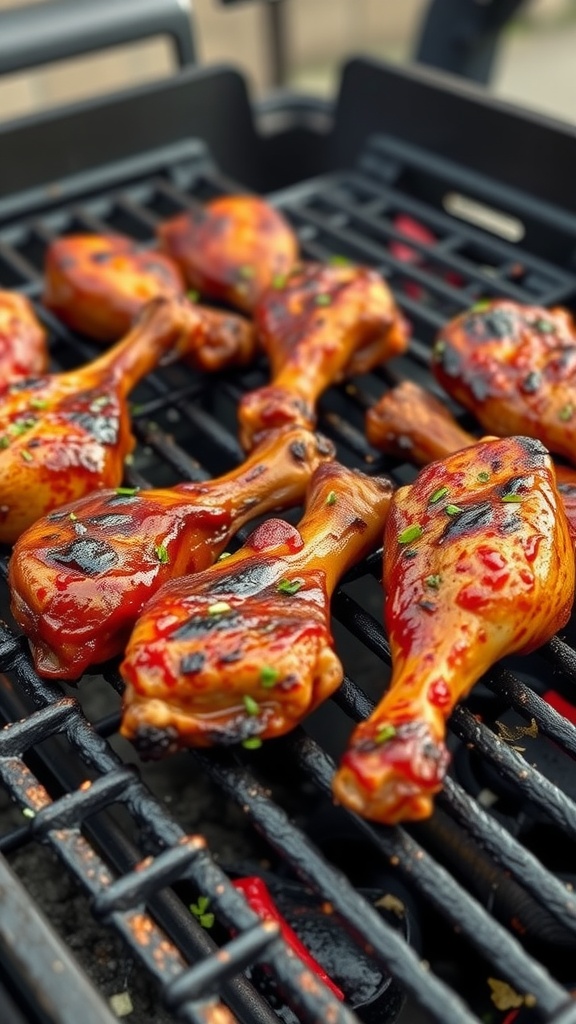 Grilled chicken drumsticks glazed with chili soy sauce on a grill.