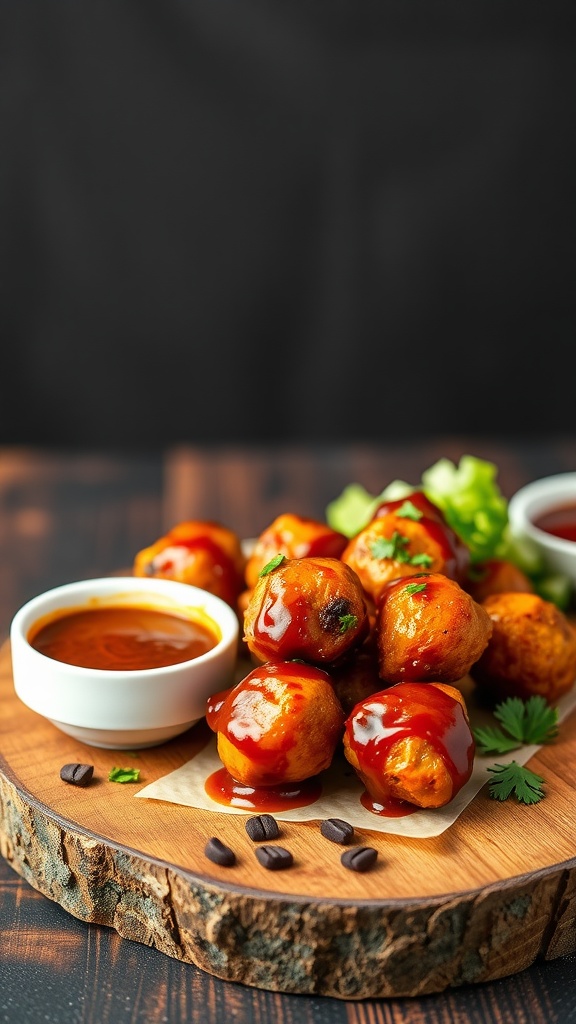 A plate of chipotle BBQ chicken meatballs served with dipping sauce