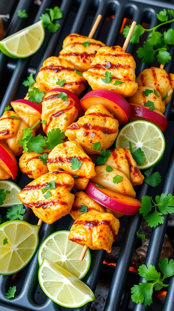 Cilantro Lime Chicken Skewers with lime slices and fresh cilantro