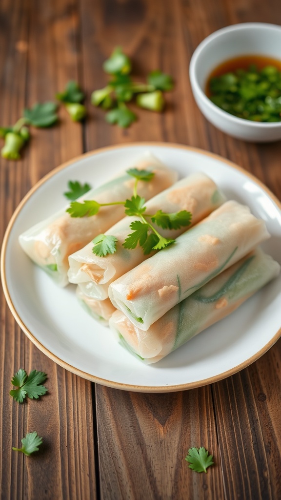 Classic Chicken Vietnamese Spring Rolls on a wooden table with fresh herbs