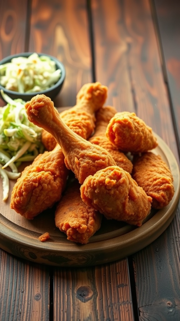 A close-up of crispy fried chicken drumsticks served with coleslaw.