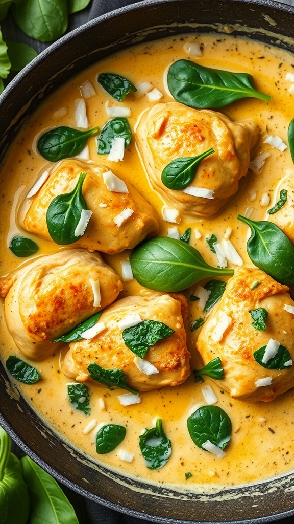 Creamy coconut and spinach chicken curry in a skillet