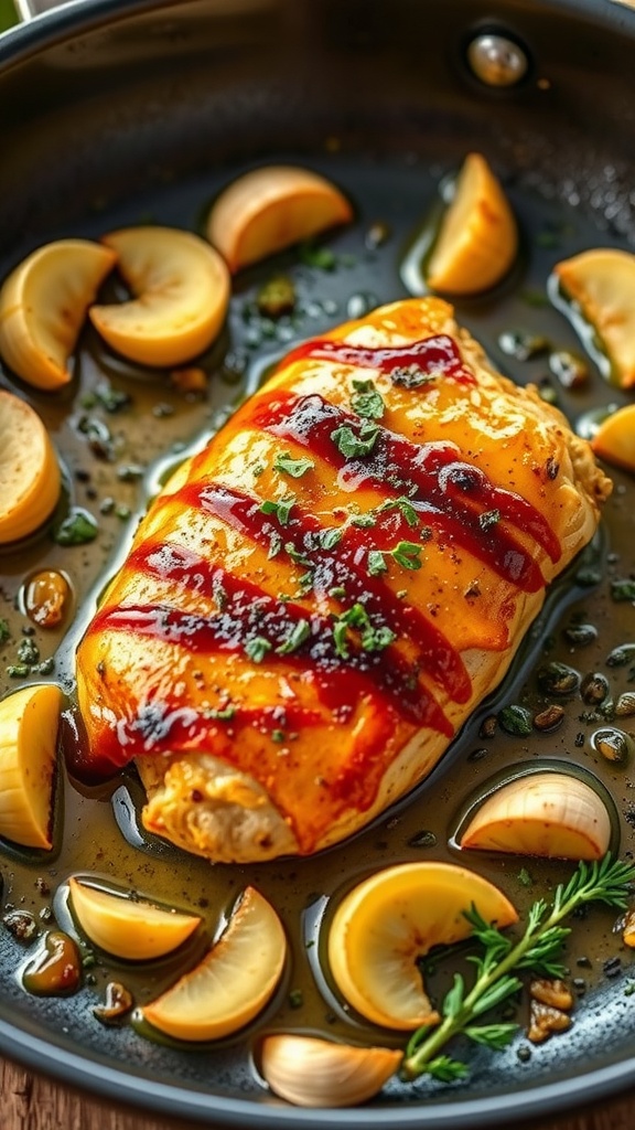 Grilled Garlic Herb Butter BBQ Chicken with garlic cloves and herbs