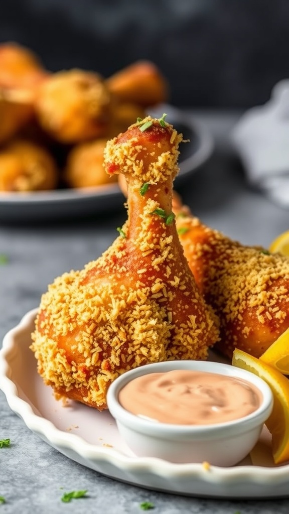 Crispy garlic parmesan chicken drumsticks served with a creamy dipping sauce.