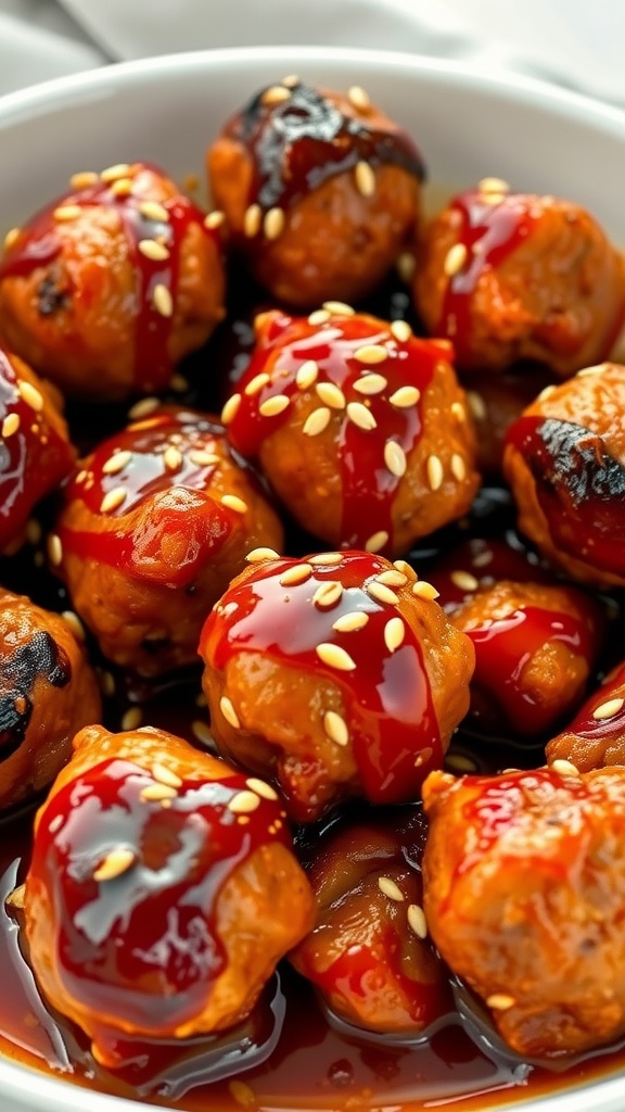 Delicious honey garlic BBQ chicken meatballs drizzled with sauce and sprinkled with sesame seeds