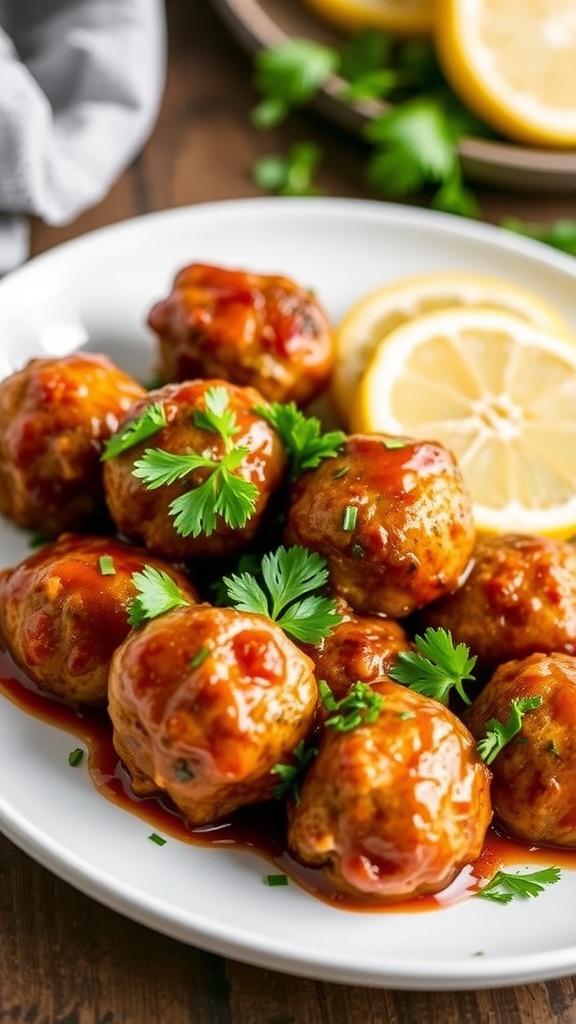 Plate of Lemon Herb Chicken Meatballs topped with BBQ sauce and garnished with parsley.