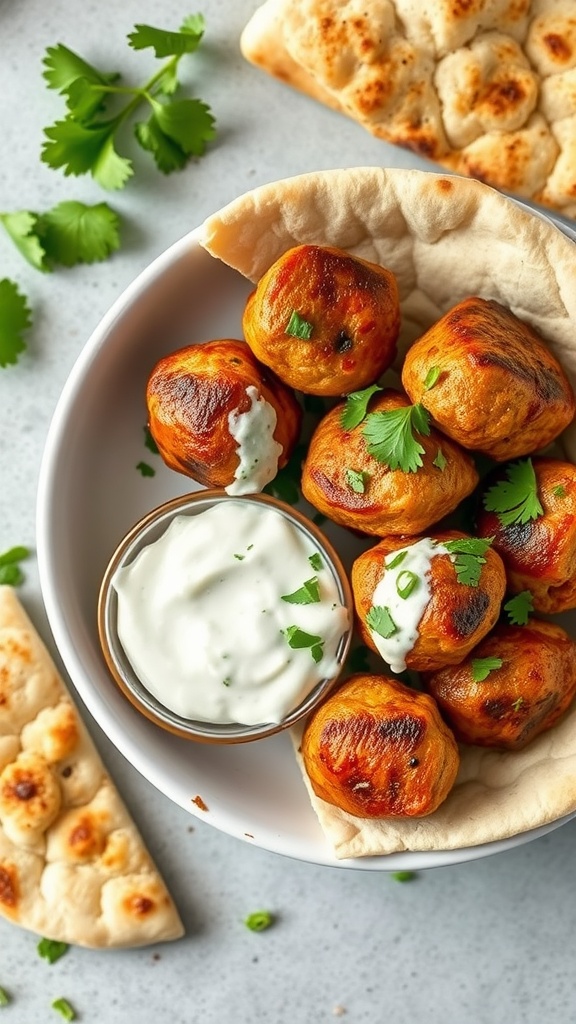 A bowl of Mediterranean BBQ chicken meatballs with yogurt sauce and pita bread.