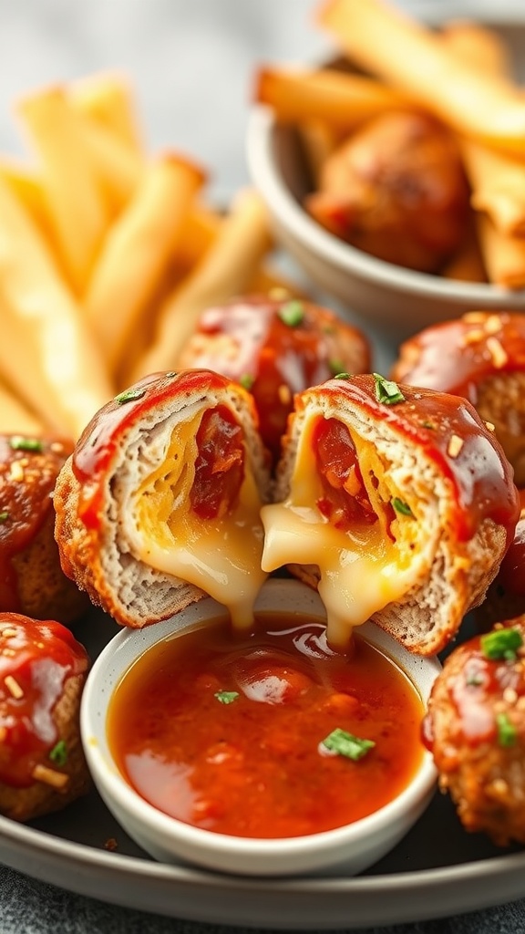 Stuffed BBQ chicken meatballs with cheese served with dipping sauce.