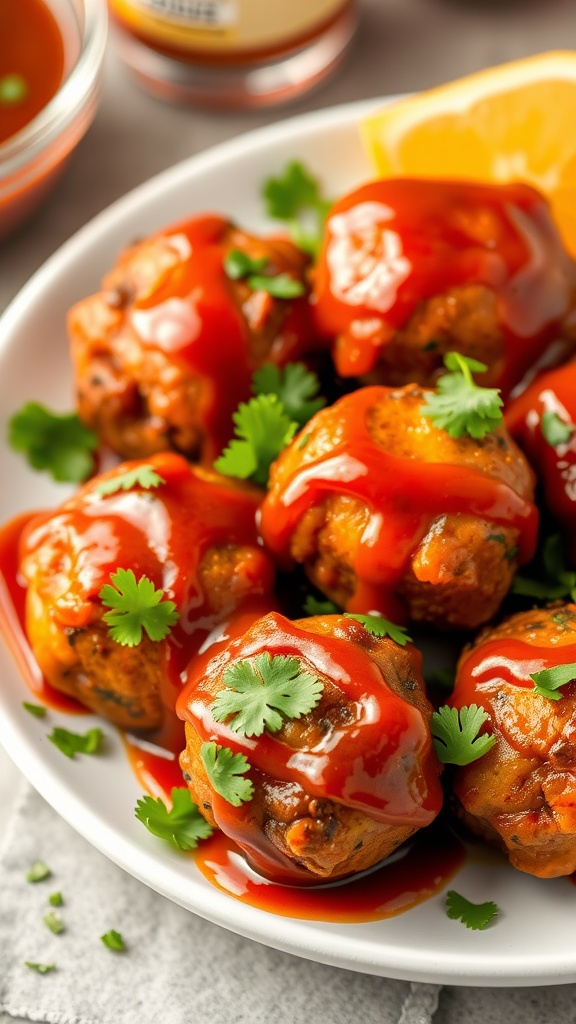 Sweet and Spicy BBQ Chicken Meatballs served on a white plate, garnished with cilantro and drizzled with BBQ sauce.