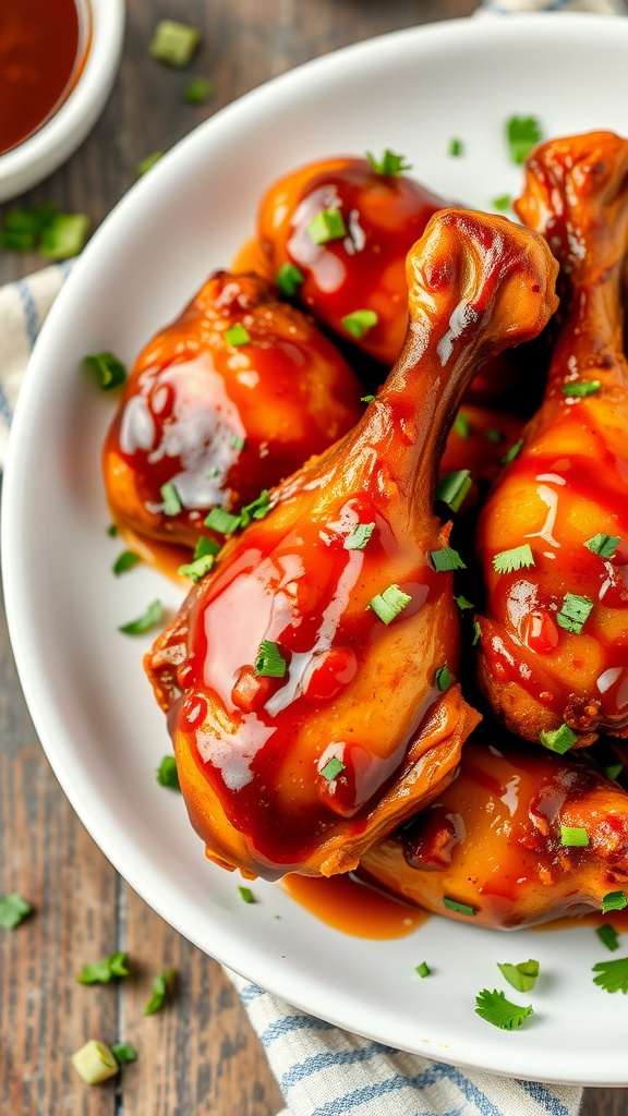 A plate of Sweet and Spicy Honey BBQ Drumsticks garnished with green onions.