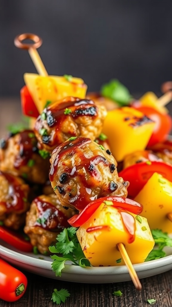 Delicious Teriyaki BBQ Chicken Meatballs served on skewers with bell peppers and pineapple.