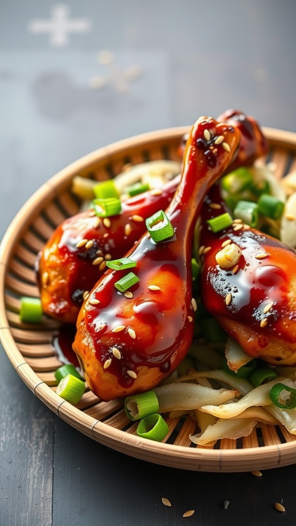 Teriyaki glazed chicken drumsticks served on a plate with garnish