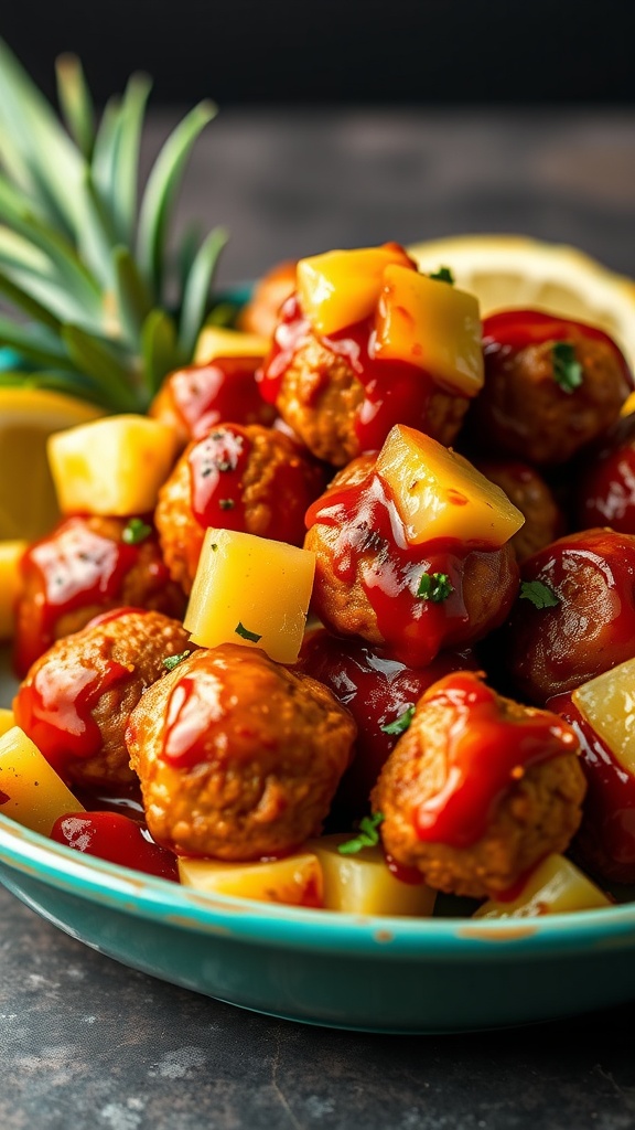 Zesty BBQ chicken meatballs with pineapple pieces on a colorful plate.