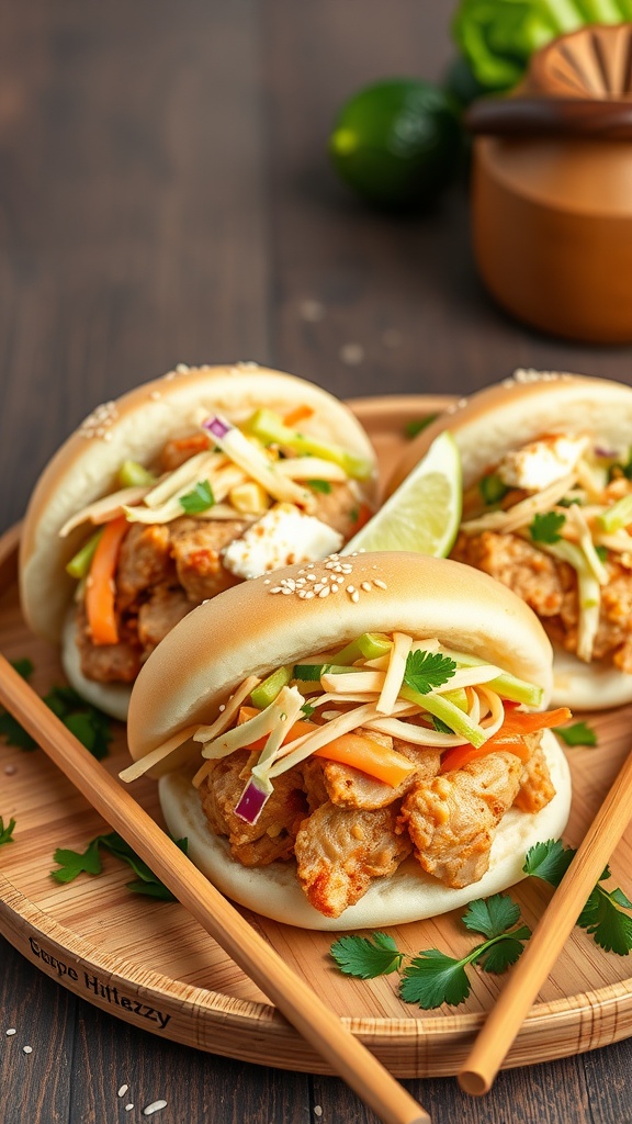Asian-inspired pulled chicken buns with fresh slaw.