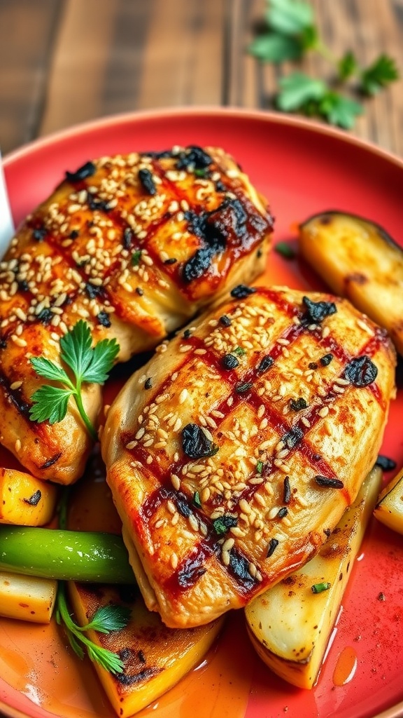 Grilled chicken thighs with sesame seeds served with colorful vegetables