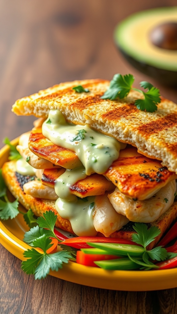 A delicious avocado and cilantro grilled chicken sandwich with vibrant toppings.