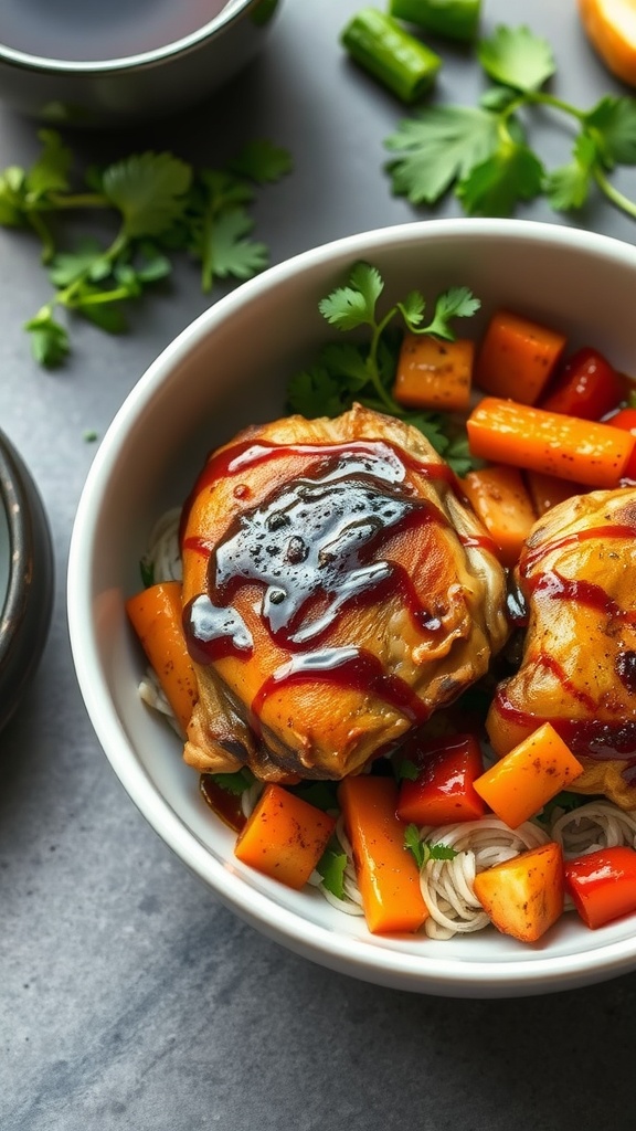 Balsamic glazed chicken thighs served with colorful vegetables and noodles.