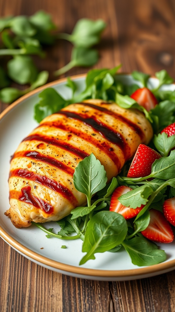 Grilled chicken breast with balsamic glaze served on a bed of fresh greens and strawberries