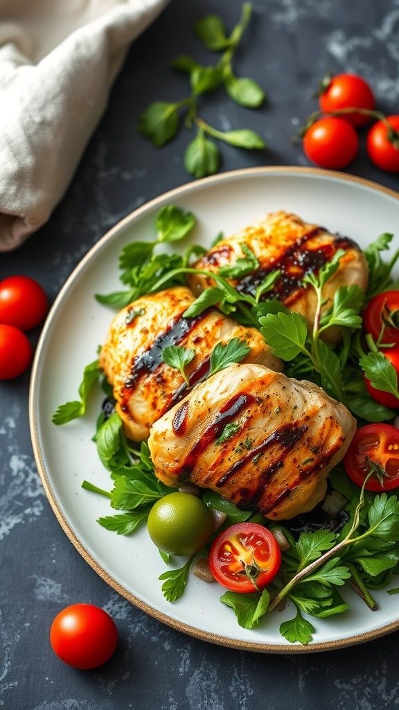 Balsamic glazed grilled chicken thighs served with arugula salad garnished with cherry tomatoes.