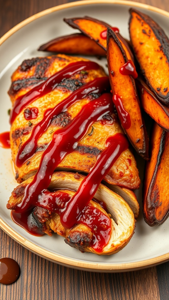 Delicious barbecue chicken served with sweet potato wedges.