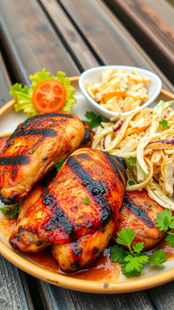 Grilled chicken thighs served with salad and garnishes