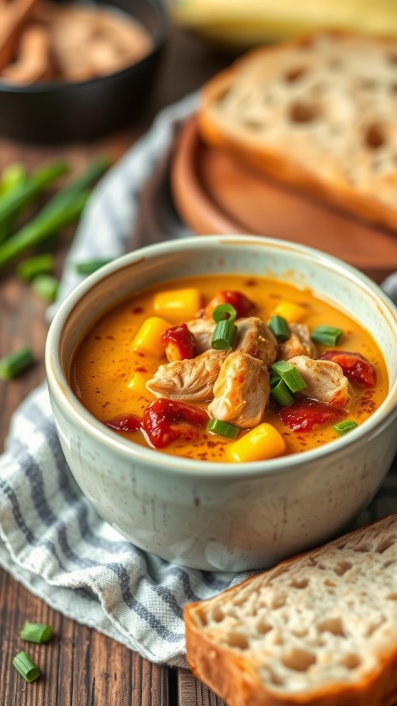 A bowl of BBQ chicken and corn chowder topped with green onions, surrounded by slices of bread.