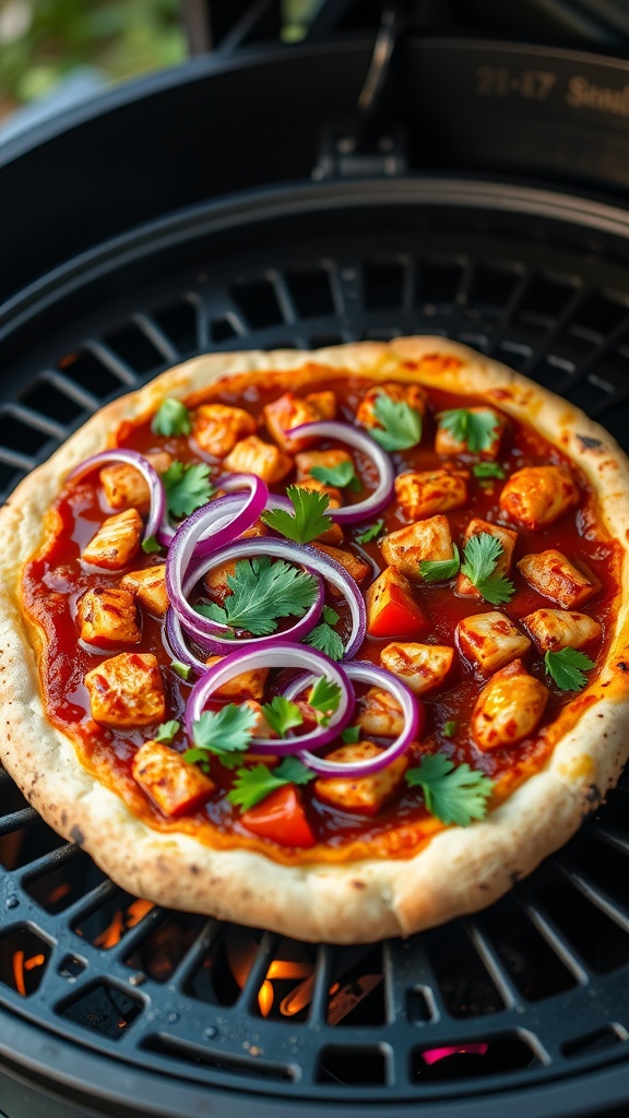 A delicious BBQ chicken pizza topped with red onions and fresh cilantro.