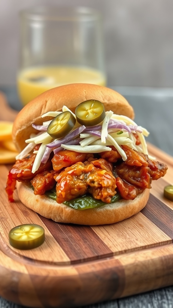 BBQ chicken sandwich with coleslaw and pickles on a wooden cutting board
