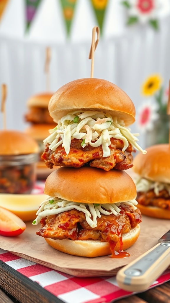 BBQ chicken sliders with coleslaw on a picnic table