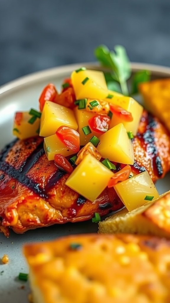 Juicy BBQ chicken breast topped with pineapple salsa and served with cornbread.