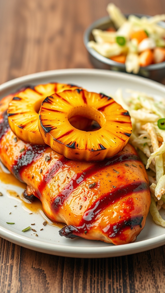 BBQ grilled chicken breast topped with grilled pineapple slices.