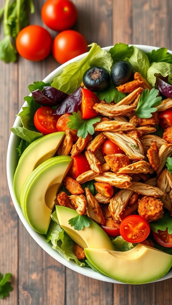 A colorful BBQ Pulled Chicken Salad Bowl with pulled chicken, avocado, cherry tomatoes, and olives.