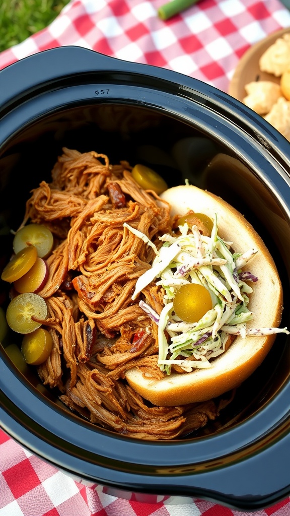 BBQ Pulled Chicken Sandwiches with coleslaw on a bun.