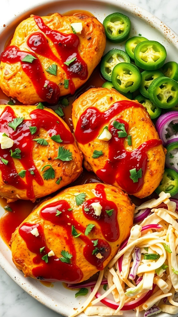 BBQ Ranch Chicken Breasts on a plate with garnishes and sides