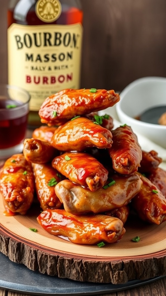 Bourbon maple glazed chicken wings stacked on a wooden platter