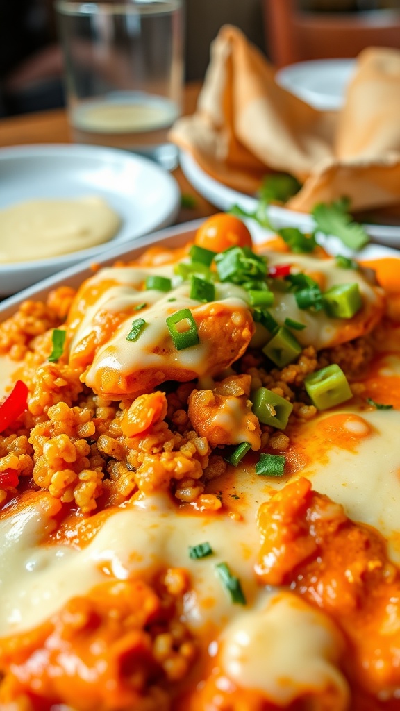 Delicious buffalo chicken and quinoa casserole topped with cheese and fresh green onions.