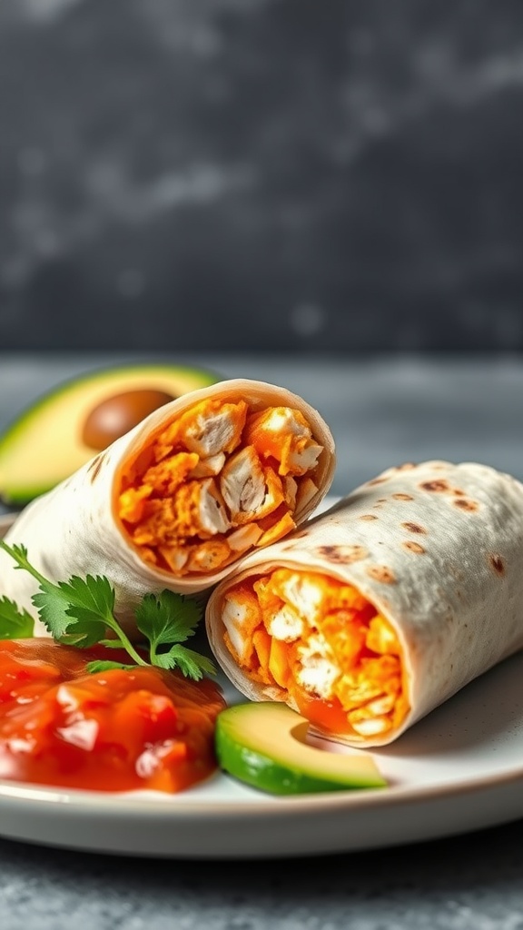 Buffalo chicken breakfast burritos with salsa and avocado