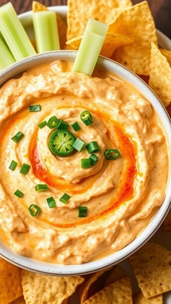 Buffalo chicken dip served with celery sticks