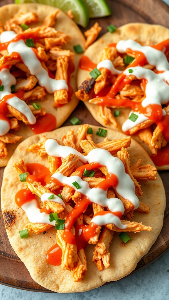 Buffalo Chicken Flatbreads topped with ranch dressing