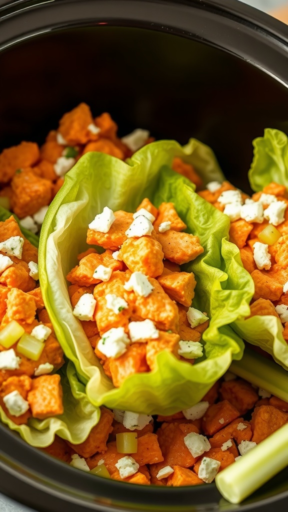 Buffalo chicken lettuce wraps with shredded chicken, celery, and blue cheese in lettuce leaves.