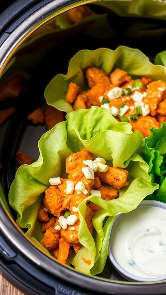 Buffalo chicken lettuce wraps with blue cheese and green onions